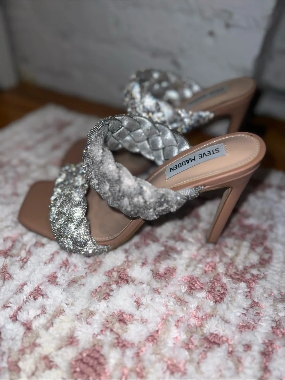 Steve Madden Braided Metallic Silver Two-Strap Mules